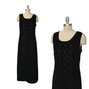Vintage 90s Black Maxi Dress Size L Lapis Geo Burnout Semi Sheer Mod Flocked